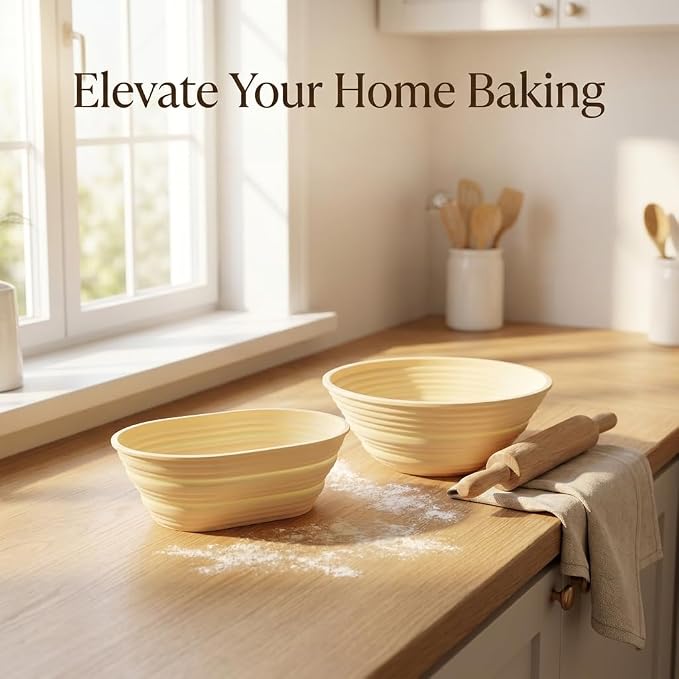 2 Pcs Foldable Silicone Banneton Bread Proofing Baskets 9.45 Inch Oval & 9 Inch Round Non-Stick Proofing Bowl Baking Basket Oven and Dishwasher Safe, Easy to Clean, Making-BPA Free (Yellow)