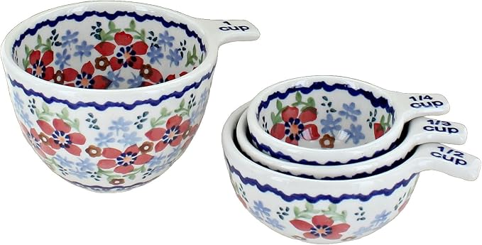 "Blue Rose Polish Pottery - Red Poppy Measuring Cup Set - 1 Set - Ceramic Nesting Measuring Bowls for Baking, Cooking & Kitchen Prep"