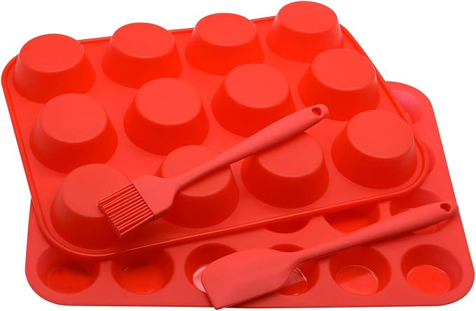 Silicone Muffin Pan Cupcake Set, Non-Stick Regular 12 Cups and Mini 24 Cups,Silicone Baking Molds,BPA Free Muffin Tin with 1 Silicone Spatula & 1 Oil Brush (Red) | Silicone Baking Molds ,BPA Free Muffin Tin with 1 Spatula & 1 Oil Brush,BPA-Free, Dishwa...