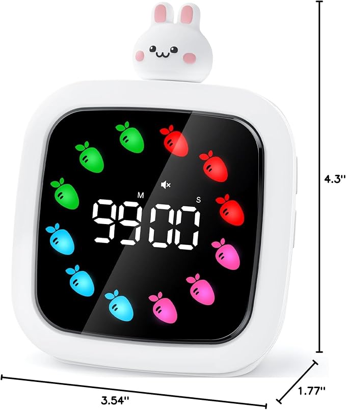 Yunbaoit Digital Visual Timer for Kids, Rechargeable 99-Minute Silent Countdown Timer with 19 Ringtones, 9 Optional DIY Color Carrot Display, Time Management Tool with Pause Function (Rabbit)