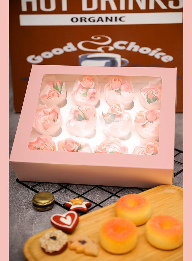 Bakepacker 12 Cupcake Containers 10-Packs Pink Cupcake Box Cupcakes Carrier, 12 Cupcake Boxes with Window 13"x10"x3.5"(Auto-pop up)