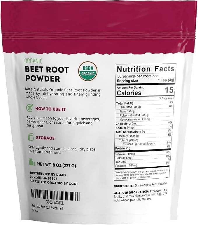 Kate Naturals Organic Beet Root Powder for Smoothies, Baking & Juice. Raw Beetroot Superfood & Natural Red Food Coloring (8oz, Non-GMO, Earthy Flavor)