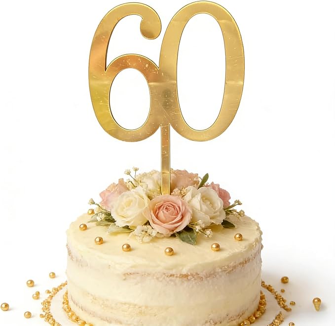 Gold Acrylic Sixty Cake Topper, Number 60 Cake Decoration, Happy 60th Birthday Cake Decor 60 Years Old Cake Pick Decoration For 60th Anniversary Celebrating Party Supplies