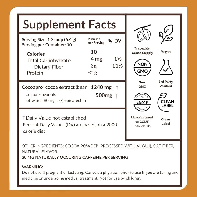 CocoaVia Cocoa Flavanols 500mg – Heart and Brain Support, High Flavanol Cocoa Extract, Boosts Nitric Oxide, Blood Circulation and Memory, Preworkout, Vegan, Gluten-Free, Dark Chocolate, 30-Day