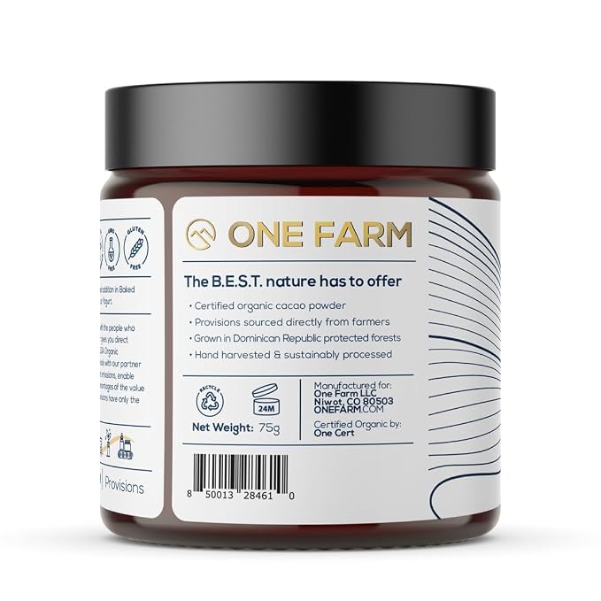 One Farm by WAAYB Organic Cacao, Single Estate, Non-GMO, Fair-Trade, Vegan, Gluten Free, 100% Raw Rizek Cacao in Resealable Bag for Cooking, Smoothies, Lattes & Baking (2.6 oz Jar, Powder)