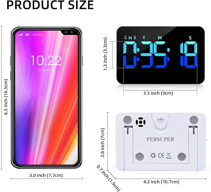 PERSUPER Kitchen Digital Timer, Count Down Up, Rechargeable, Vibration Mode Adjustable Volume and Brightness LED Display, Time Management Cook, Desk, Kids Adults Study Teaching, Kitchen Gadgets Blue