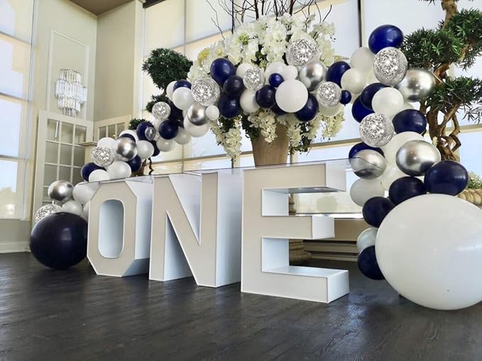 Blue Silver Balloons Garland Kit, 120 pcs Navy Blue and Silver Confetti White Balloons Arch for Graduation, Birthday Party, Wedding DIY Decoration