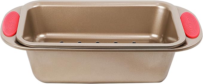 PERLLI Nonstick Meatloaf Pan with Drain Tray, Elevated Inner Pan for Fat and Grease Removal, Easy Grip Silicone Handles, Dishwasher Safe with Heavy-Duty Carbon Steel Bakeware for Even Heating (Gold)
