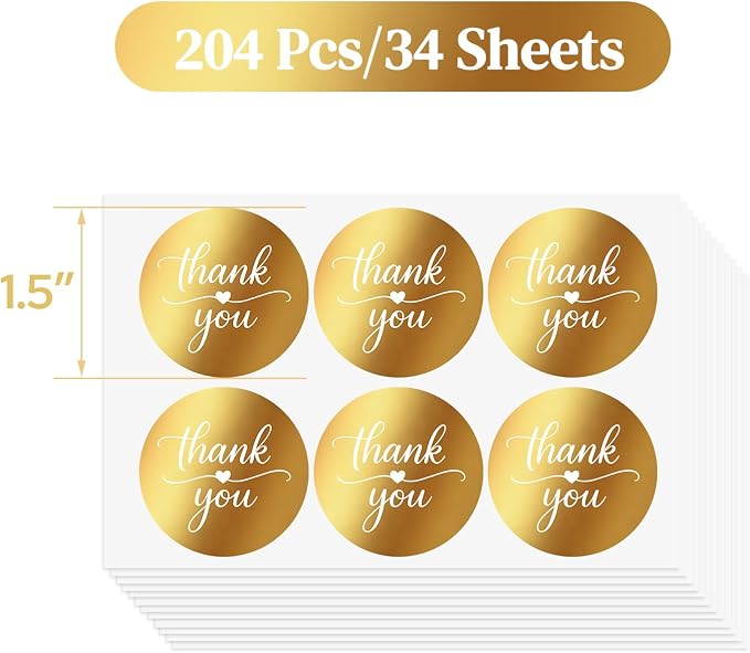 1.5 Inch Round Gold Foil Thank You Stickers – 204 Pcs Elegant Thank You Stickers for Packaging, Small Business, Envelope Seals, Bakery, Wedding Favors