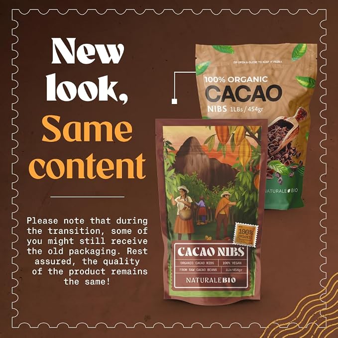NaturaleBio Cacao Nibs Organic 1 lb. Unsweetened, Non-Alkalized and Pure. Sugar-Free Dark Chocolate Chips Substitute. Non-GMO, Gluten Free, Tested for Heavy Metals. From Raw Cacao Beans