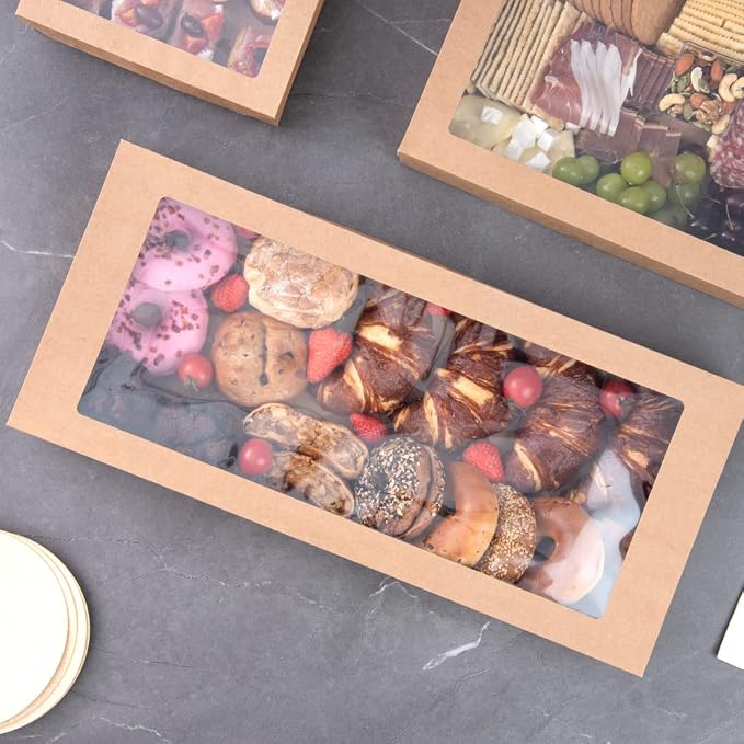 Restaurantware Cater Tek 22.2 x 10 x 3.2 Inch Catering Boxes 100 Insert Tab Lock Baked Goods Boxes - Window Lids Easy Assembly Kraft Paper Window Pastry Boxes For Charcuterie Or Cupcakes