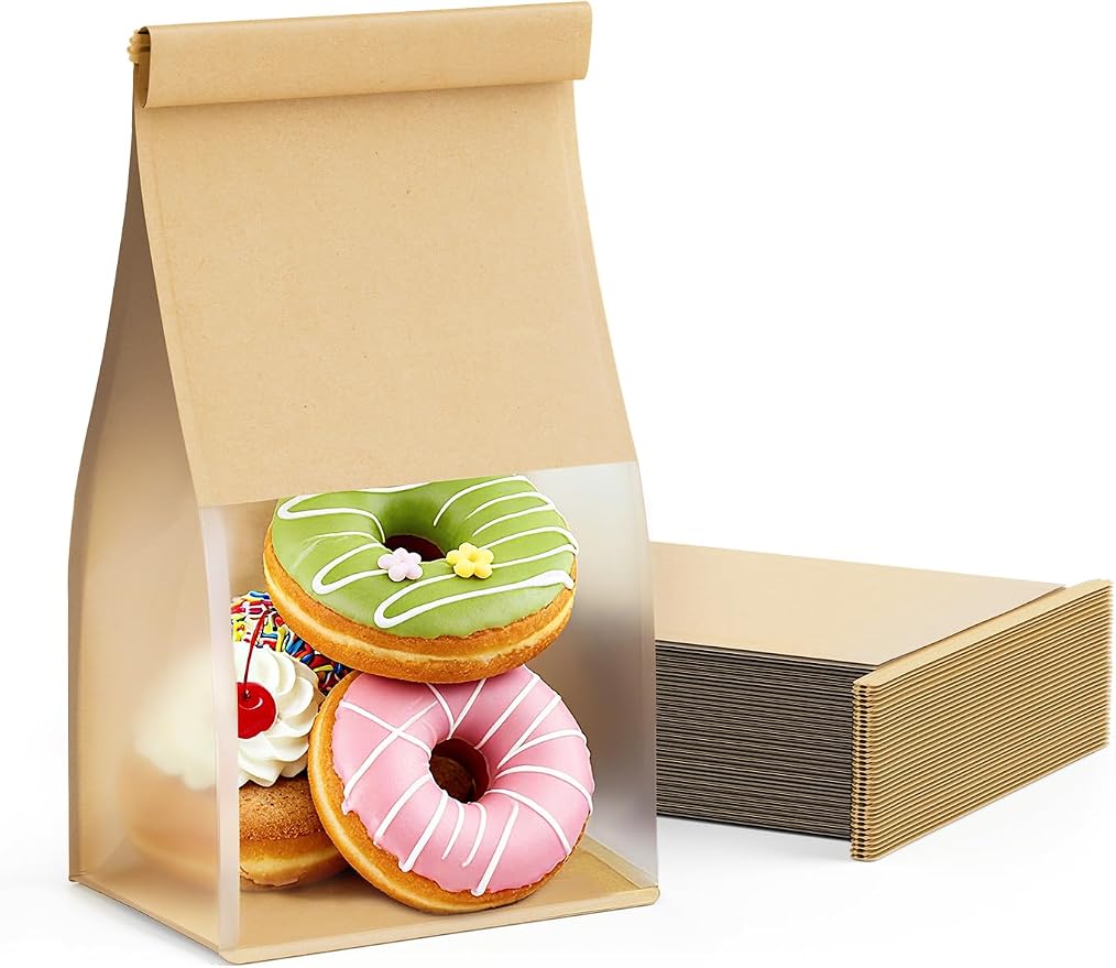 FireKylin Bread Cookie Bags with Window & Tin Tie,3.9x3.1x8.2 (100,Small) | Food Safe Brown Paper, Clear Window, Reusable Tin Tie, for Homemade Bread, Cookies, Muffins, Pastry, Candy, Party Favor