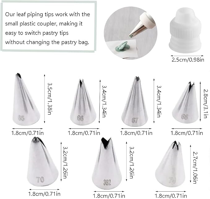 Russian Leaf Piping Tip Set,#65 66 67 68 70 74 352 Icing Tips for Leaves,Ruffles,Petals,Smal Leaf Decorating Tips wth Standard Plastic Coupler,8 Pcs