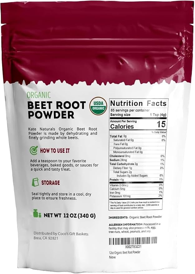 Kate Naturals Organic Beet Root Powder for Smoothies, Baking & Juice. Raw Beetroot Superfood & Natural Red Food Coloring (12oz, Non-GMO, Earthy Flavor)