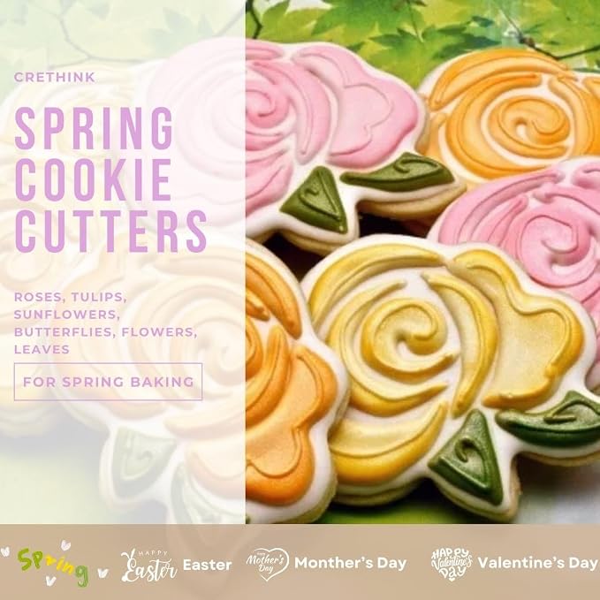 Crethinkaty 6 Pieces Spring Cookie Cutters Set for Baking - Tulips, Leaves, Flowers, Sunflowers, Rose and Butterfly Shape Stainless Steel Biscuit Cutter for Springtime, Easter