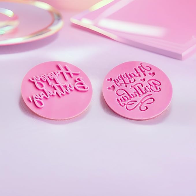2 PCS Happy Birthday Fondant Embosser,Cookie Stamps,Fondant Letter Stamps,Birthday Cookie Cutters,Embosser Stamp,Happy Birthday Stamp,DIY Baking Cake/Sugar Paste/Cupcake/Chocolate (3.15 Inch, Pink)