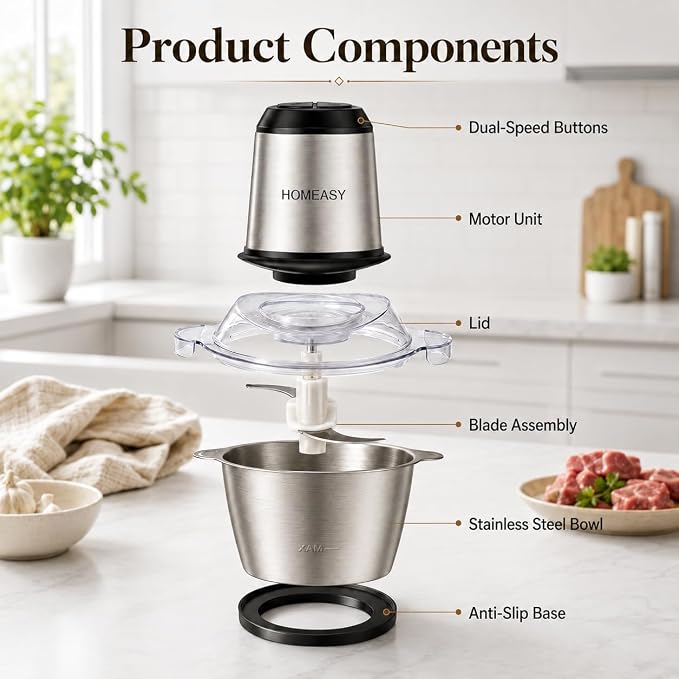 HOMEASY Meat Grinder Electric, Food Processor 2L Stainless Steel Meat Blender Food Chopper for Meat, Vegetables, Fruits and Nuts with 4 Sharp Blades, 350W, 8 Cups