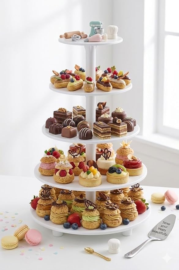 Oasis Supply 5-Tier Cake Stand – White Plastic Tiered Dessert Display Stand, Cupcake Stand for Cakes, Cupcakes, Weddings, Parties & Dessert Table Decorations