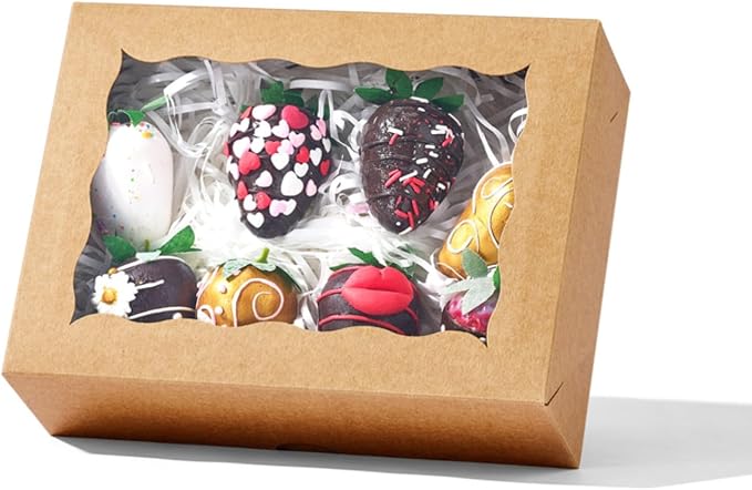 12PCS 8x5x2Inch Brown Cookie Boxes Bakery Boxes with Window for Cakesickle, Chocolate Truffle, Chocolate Covered Strawberry, Pretzel &More