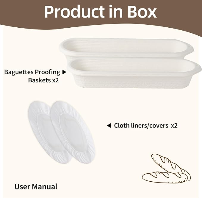 15 Inch Long Baguettes Proofing Basket Set of 2, Natural Rattan Banneton with Liner, Handmade French Bread Dough Rising Mold for Professional & Home Sourdough Bakers