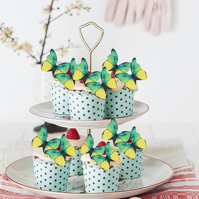 48PCS Edible Butterfly Cupcake Toppers - Edible Butterflies Cake Decoration for Wedding, Birthday, Baby Shower & Kids Parties - Yellow & Green