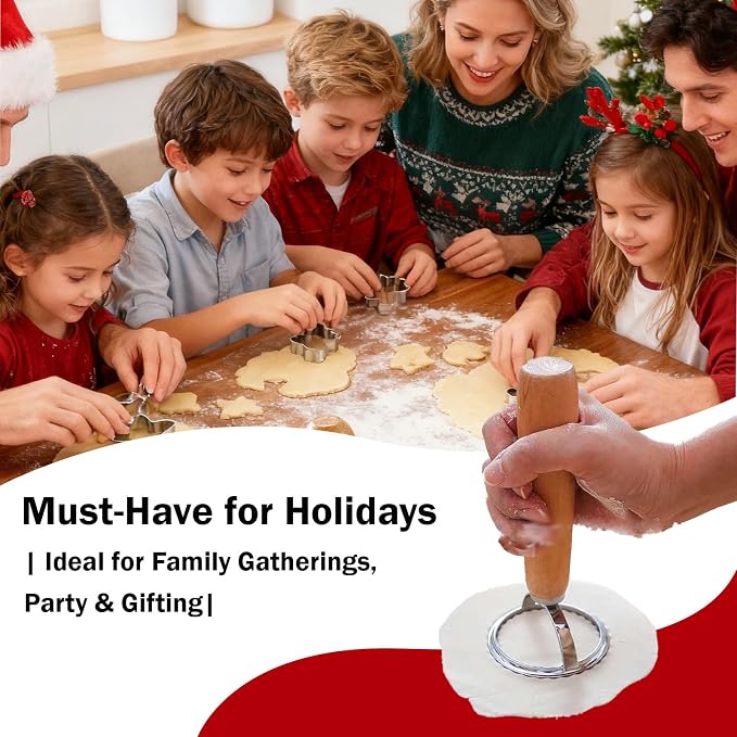 Christmas Cookie Cutter Roller Set of 5 – Biscuit Molds with Oak Wooden Handles, Includes Round/Heart/Square Rolling Pastry Cutter for Baking Holiday Cookies & Biscuits