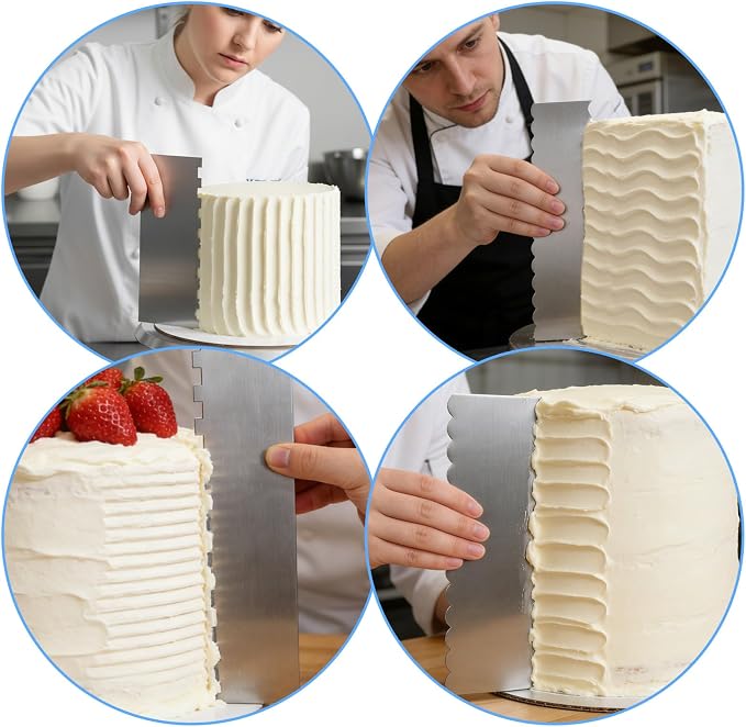 Stainless Steel Cake Scrapers, 2 Pcs Dual-Edged Icing Smoother and Striper Tool with 4 Style Patterned Comb, Professional Cake Decorating Tools for Buttercream, Fondant, Dough, Baking Supplies