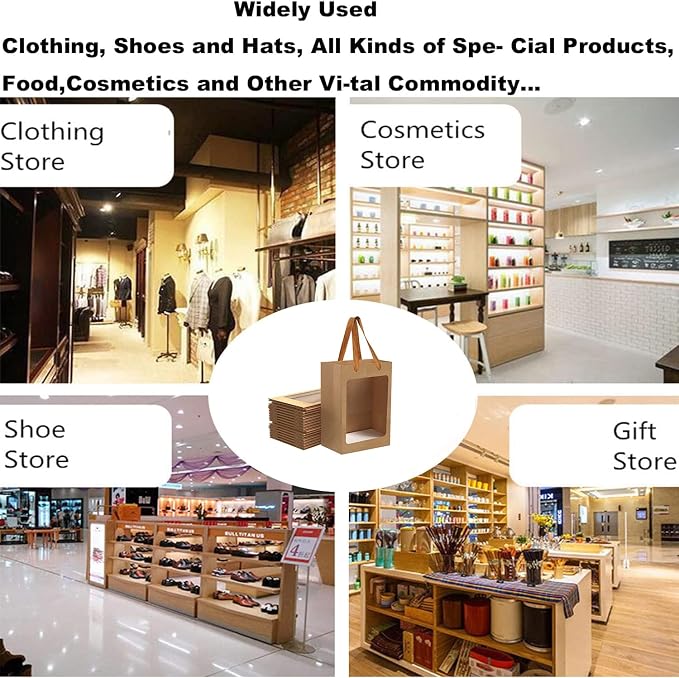 40Pcs Brown Paper Gift Bags with Transparent Window, 9.84"x7.0"x5.12" | Kraft Shopping Bags with Handles for Bouquet Christmas Birthdays Festivals Party Weddings Wrapping