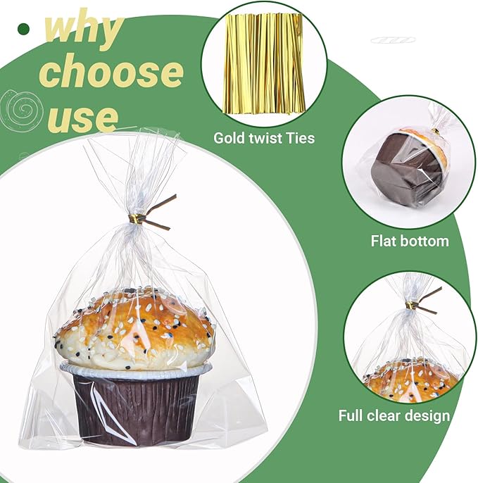 NEKSUNBAK 200Pack 6x7 Cellophane Cupcake Bags with Gold Twist Ties, Flat Bottom–Food Safe Bakery Packaging for Muffins, Chocolate Bombs, Cookies&Macarons–Perfect for Party Favors&Holiday