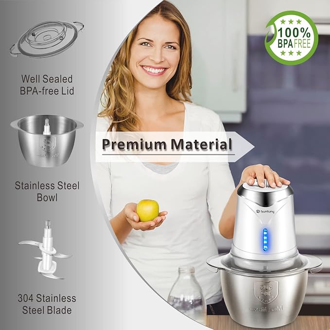 Food Processor Cordless Vegetable Chopper with 5 Cup Stainless Steel Bowl&6000mAh USB Rechargeable Battery, Electric Garlic Meat Choppers BPA-free Baby Food Processors Blender Mincer, 2 Speeds (White)