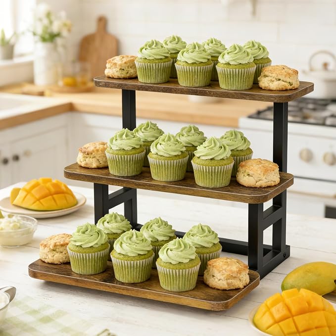 Lilybud--lily 3 Tier Cupcake Stand, Wooden Risers Display Stands Stepped Dessert Table Display Set with Metal Frame Tiered Tray Stand Serving Trays for Party Farmers Market Display 2 Pack