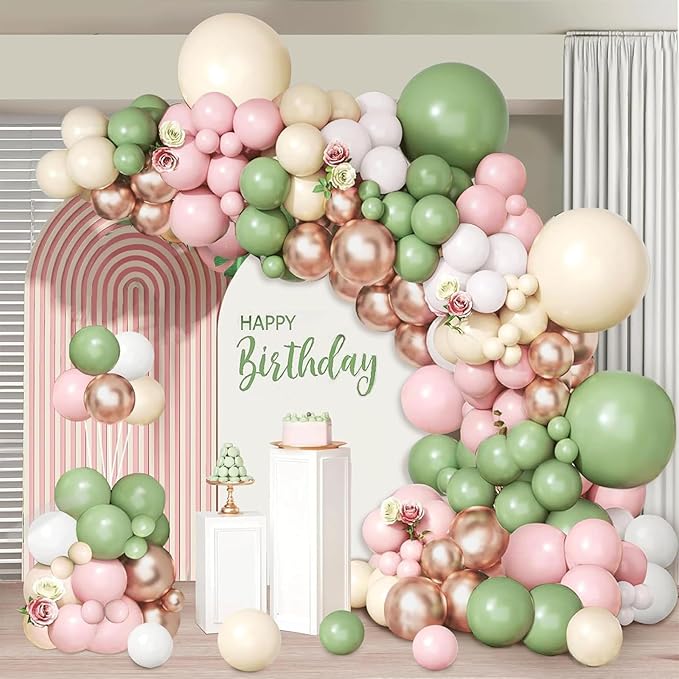 Sage Green Pink Balloon Arch Kit - 144 pcs Olive Green Pink Sand White Balloons with Rose Gold Metallic Latex Balloons for Girl Birthday Wedding Bride Shower Party Decorations