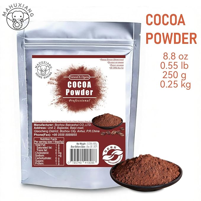 MAHUXIANG Dutch-Processed Cocoa Powder, Rich Red Color for Baking, Drinks, Dark Hot Chocolate, Ice Cream, Brownies, Frosting, 20-24% Fat Content (8.8oz/0.55LB/250g)
