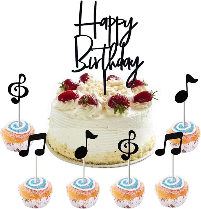 ZHENGYE Happy Birthday Cake Topper Sign And 5 Black Music Cake Toppers Happy Birthday Topper For Cake Birthday Cake Decorations(Black 29)