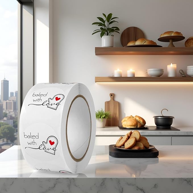 JJLFresheners 500Pcs/Roll White Baked with Love Adhesive Stickers, Round Baking Stickers, Bakery Bags Candle Packaging Sticker Labels