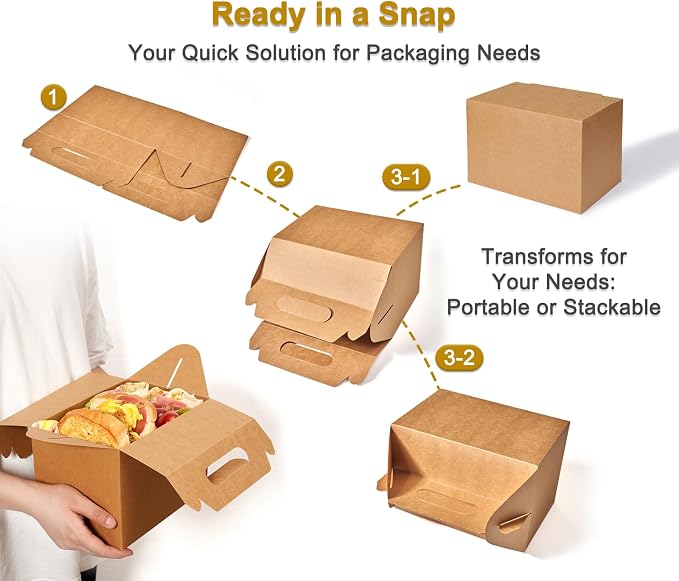 Happyhiram 40-Pack Large Gable Boxes Kraft Brown - 9x6x6 Inch Sturdy Kraft Paper Gift Boxes for Party Favors, Box Lunches, Cookies, and Birthday Wedding, Easy to Assemble with Handles