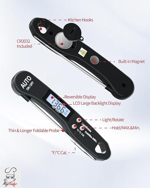 Ultra-Fast 1.2s Instant Read Meat Thermometer for Grilling & Smoking, ±1°F Accuracy with Calibration, Reversible Backlit LCD for Left/Right Hand, Magnetic Digital Food Thermometer for BBQ, Candy, Oil
