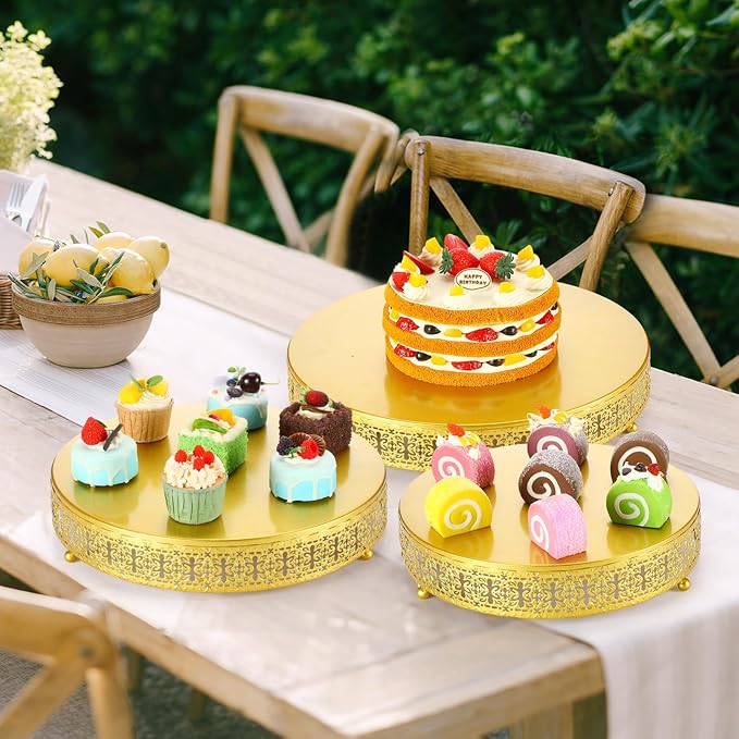 Wenqik 3 Pack Round Metal Cake Stands 12" 14" 16" Dessert Display Cupcake Stands Elegant Display Plate for Wedding Birthday Party Event Anniversary and Table Decoration, Gold