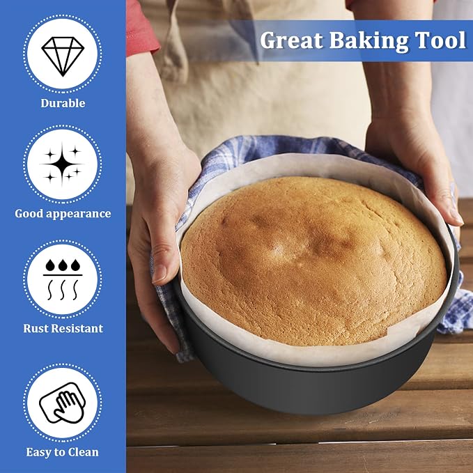 P&P CHEF 9.5 Inch Cake Pan, Nonstick Round Baking Layer Cake Pans Tins Set for Birthday Wedding, 2.94-Inch Deep Side & One-piece Design, Stainless Steel Core & Easy Clean, Black