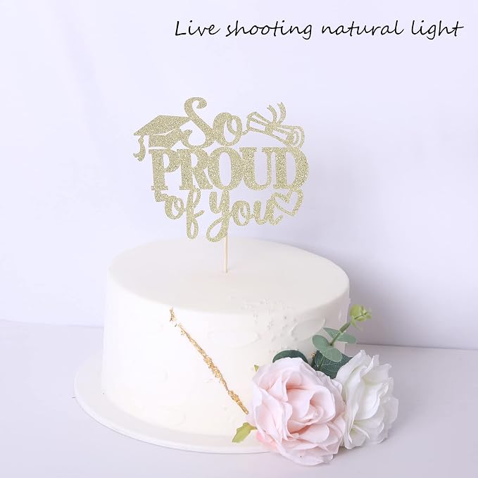 1 Pack So Proud of you Cake Topper with Gold Glitter Diploma Graduation Cap Cake Pick Contrats Class of 2024 Cake Decorations for 2024 Graduation Theme High School Boys Girls Graduate Party