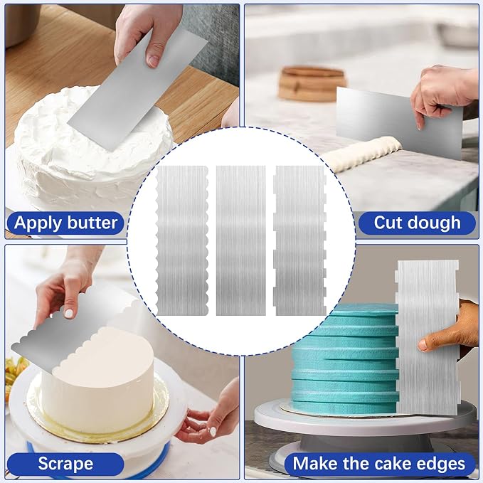 3 Pcs Stainless Steel Cake Scraper, 8.6-inch Double Sided Patterned Edge Stripe Edge Smoother Scraper, Cake Decorating Comb Metal Cake Scraper for Butter Mousse Cream Decoration