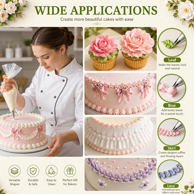 5 Pcs Leaf Piping Tips Set, 67, 68, 70, 352, 113, Stainless Steel Cake Decorating Tips, Frosting Icing Nozzles for Cupcakes, Cakes, Cookies