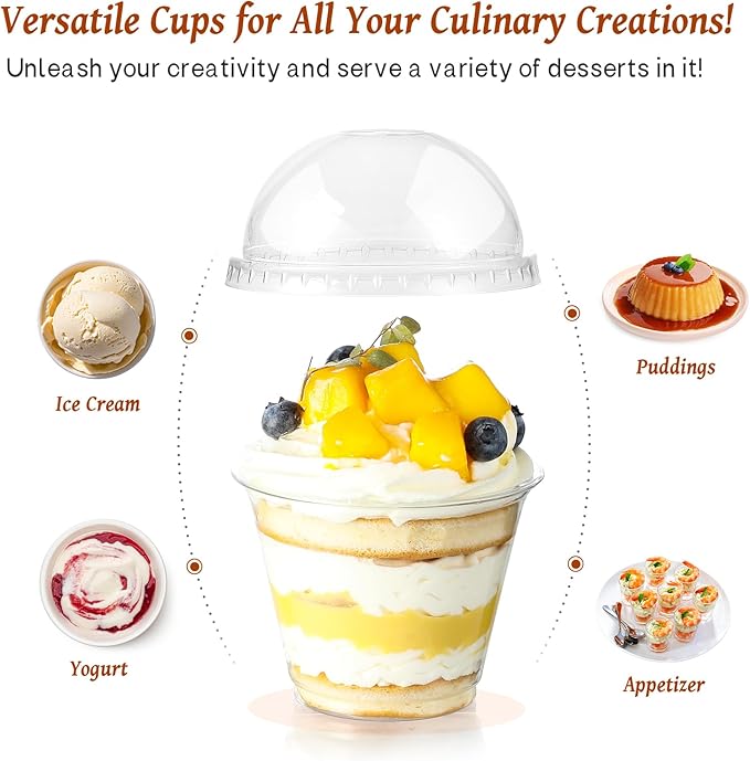 AOZITA 100 Sets, 9 oz Clear Plastic Cups with Dome Lids (No Hole) - Disposable Cups for Ice Cream,Cake,Fruit,Parfait, Dessert, Pudding and Jello Shot 