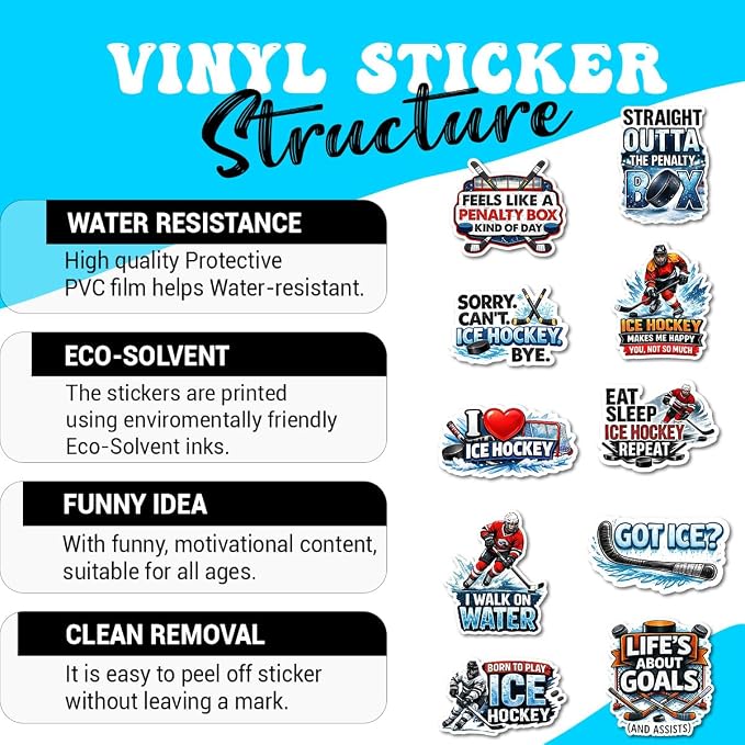 10pcs Ice Hockey Stickers Gifts for Hockey Players Fans Multiple Different Design, Waterproof UV-Resistant for Water Bottle, Laptop, Window, Car