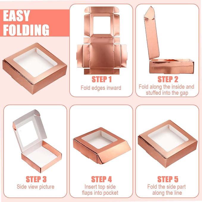 Zonon 30 Pcs Kraft Paper Boxes with Window 4.13 x 4.13 x 1.18 Inch Candy Packaging, Small Gift Boxes, Soap holder, Mini Treat Packaging for Bakery Chocolate Jewelry Display (Rose Gold)
