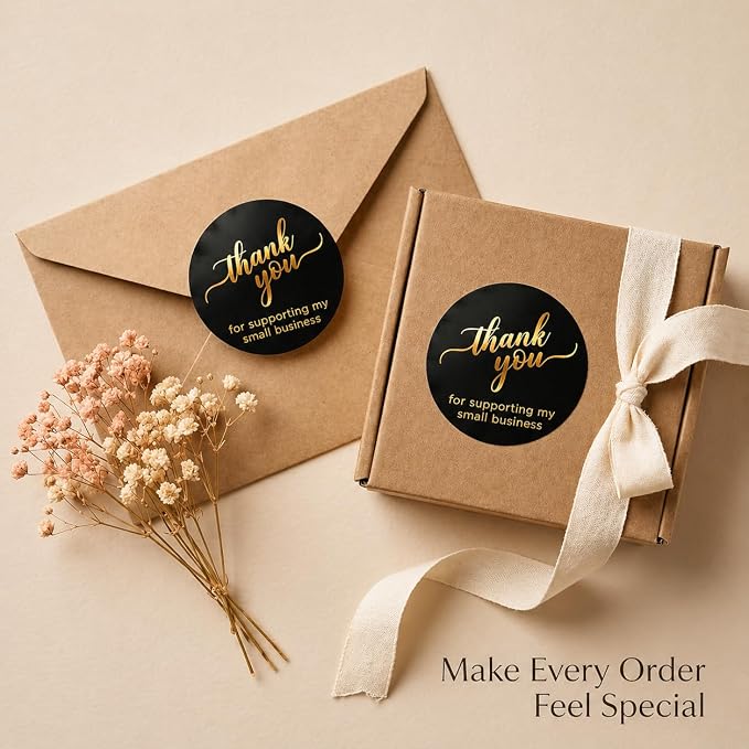 500 Thank You for Supporting My Small Business Stickers – 1.5 Inch Black and Gold Foil Round Labels – 4 Fonts – Waterproof Self-Adhesive Seals for Packaging, Envelopes, Boxes, Orders & Gift Bags