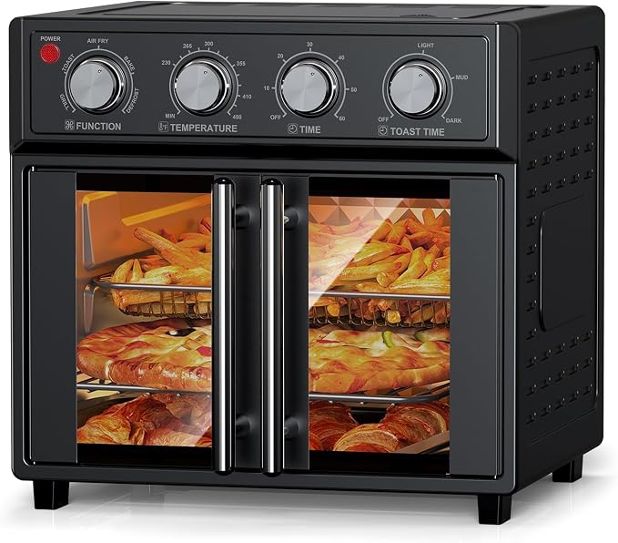 PlumChef 27.5 Quart Air Fryer Convection Toaster Oven, Black | Extra Large, 6 Slices, French Door, 1700W, Multifunction: Air Fryer, Toast, Grill, Defrost, Bake