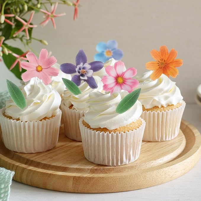 Edible Flowers Cake Decorations - Edible Flowers & Leaves Cake Topper Set of 60PCs, Wafer Paper Flower Cupcake Toppers for Wedding Birthday Party Cake Decorating (Mixed Size & Colour)