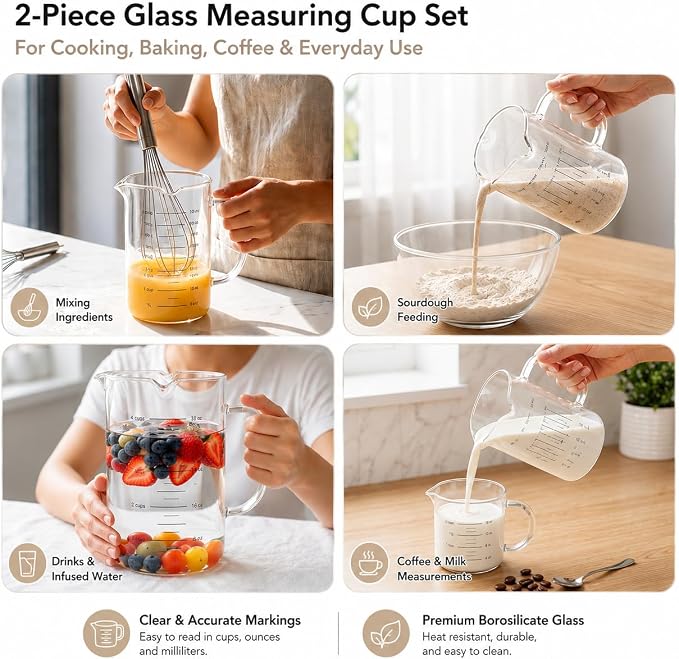GENICOOK Sourdough Starter Jar Glass with Triple Spouts, 2 Pack Borosilicate Fermentation Measuring Cups (16.9oz & 33.8oz), Glass Containers for Dough Mixing, Starter Feeding & Baking, Microwave