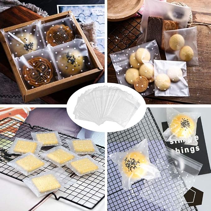 100 Packs Self Sealing Cellophane Treat Bags 5x7 Inches, Searik 4 Mils Resealable Plastic Pastry Cookie Bags with Thank You Labels for Party Gift Giving Bakery Candy Cookie Chocolate